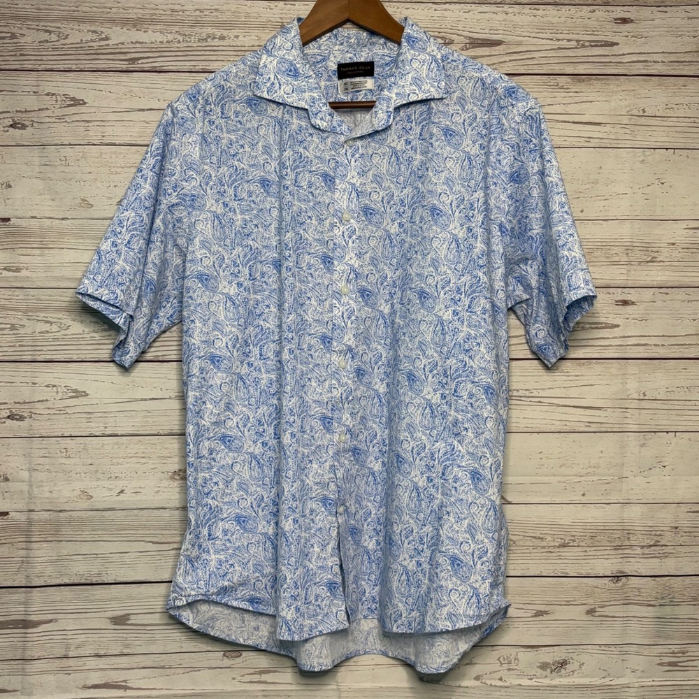 Thomas Dean Collection Mens XXL Blue White Paisley SS Button Down‎ Shirt